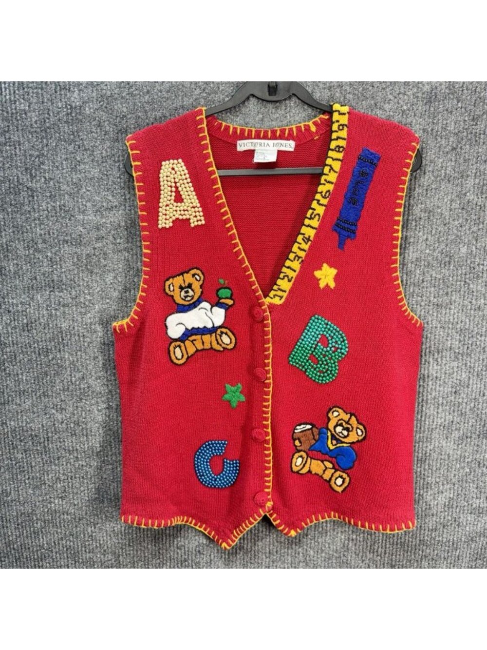 Vintage Victoria Jones Sweater Vest Womens Large Red Teacher Bear Ruler Art Knit